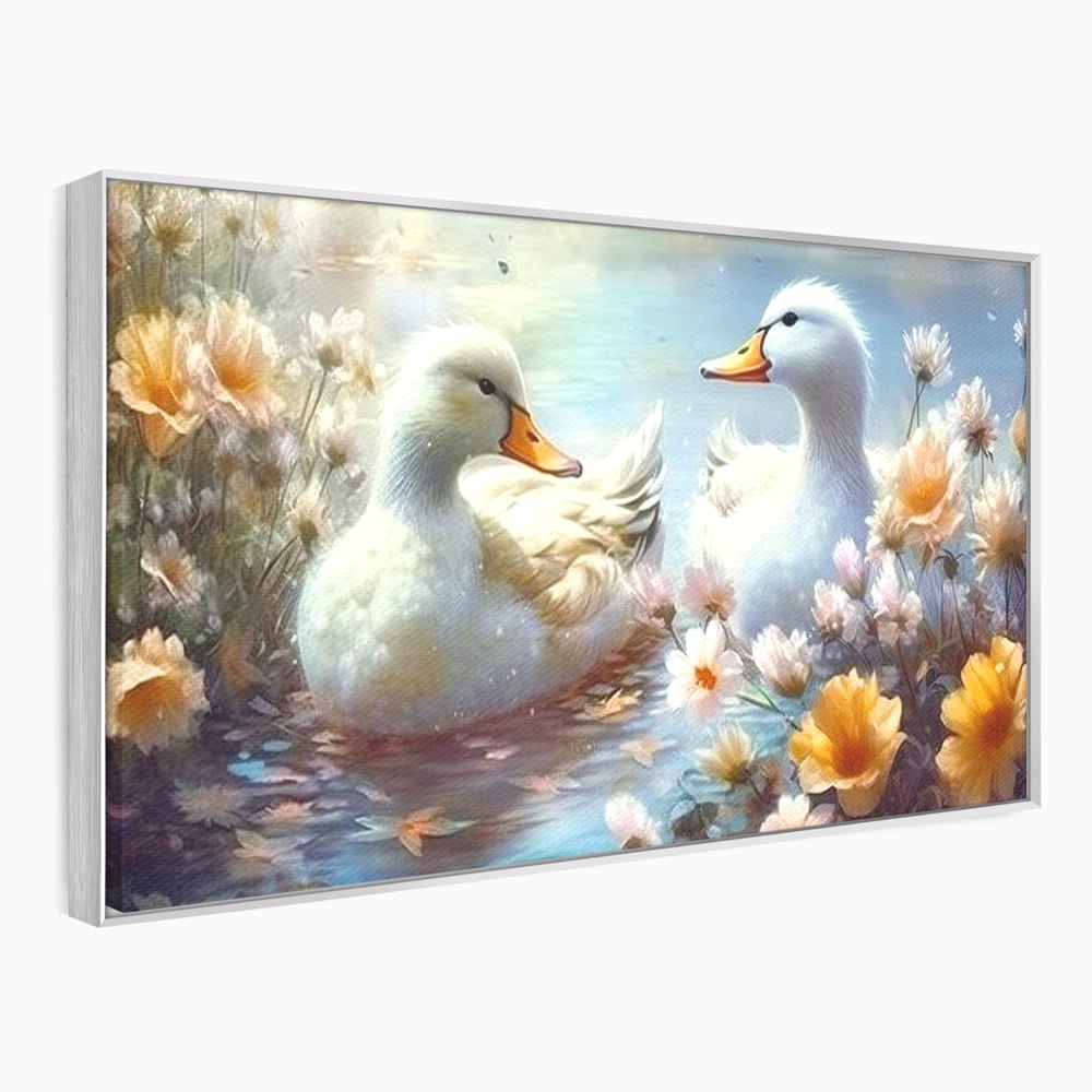 Tablou canvas cu tablou canvas cu rate pe lac, in rama de aluminiu argintiu